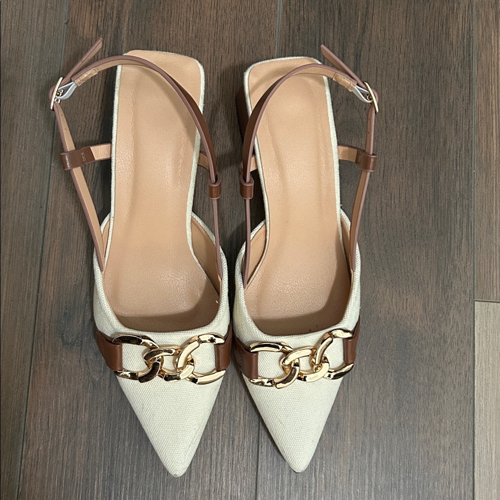 White and Brown Sling Back Heels